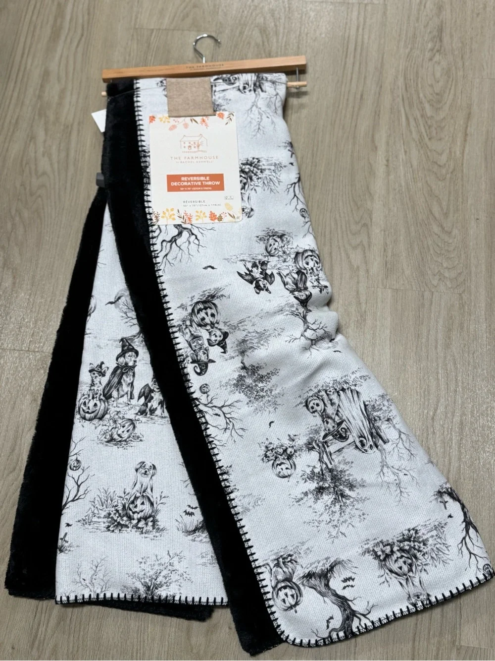 The Farmhouse Reversible Decorative Throw - Black & White Halloween Toile